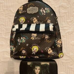 Beetlejuice Mini Backpack with chibi beetlejuice characters and Lydia wallet
